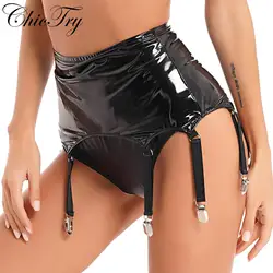 Womens Wetlook Garters with Metal Clips Lingerie Nightwear Latex Leather Garter Belt Suspender Club Party Performance Costume