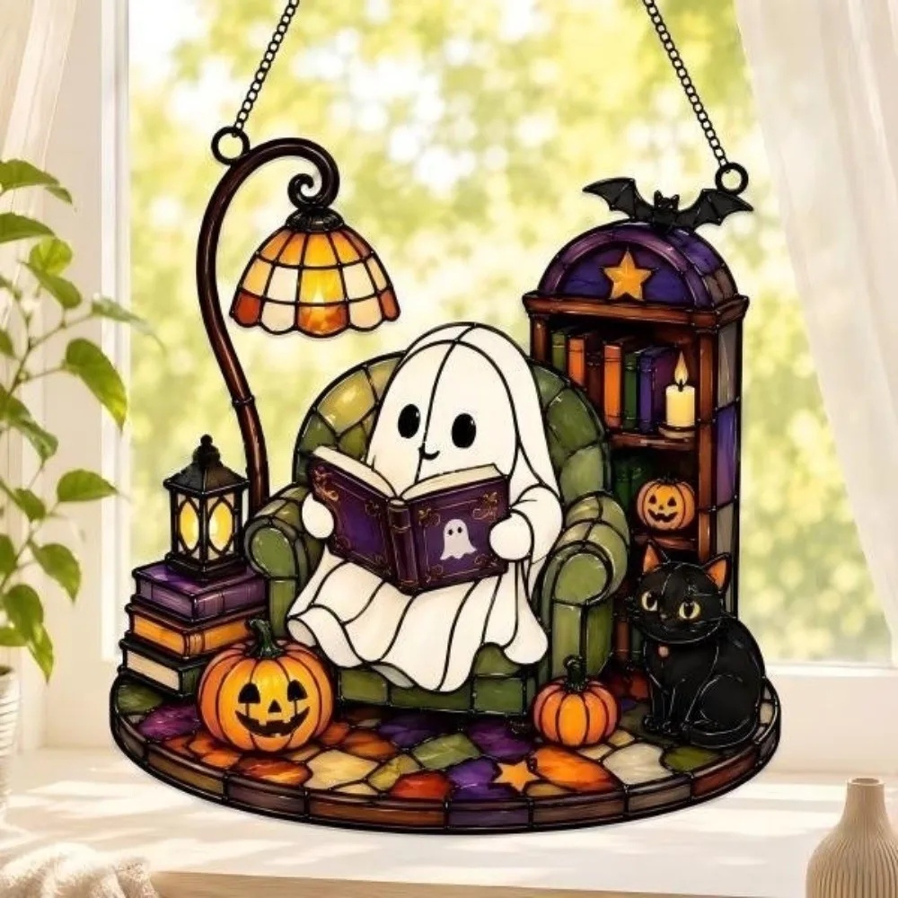 2D Flat Acrylic Halloween Ghost Ornaments Pumpkin Cat Colorful Sun Catcher Home Decor Light-Catching Window Hanging Decoration