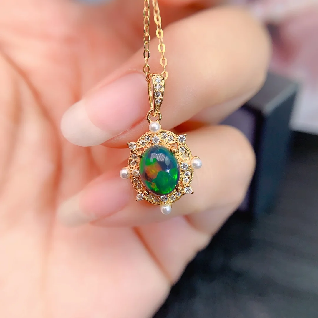 YULEM Natural Opal Pendant Delicate Black Fire Opal Pendants Silver 925 Women Jewelry Pendant Necklace for Daily Wear