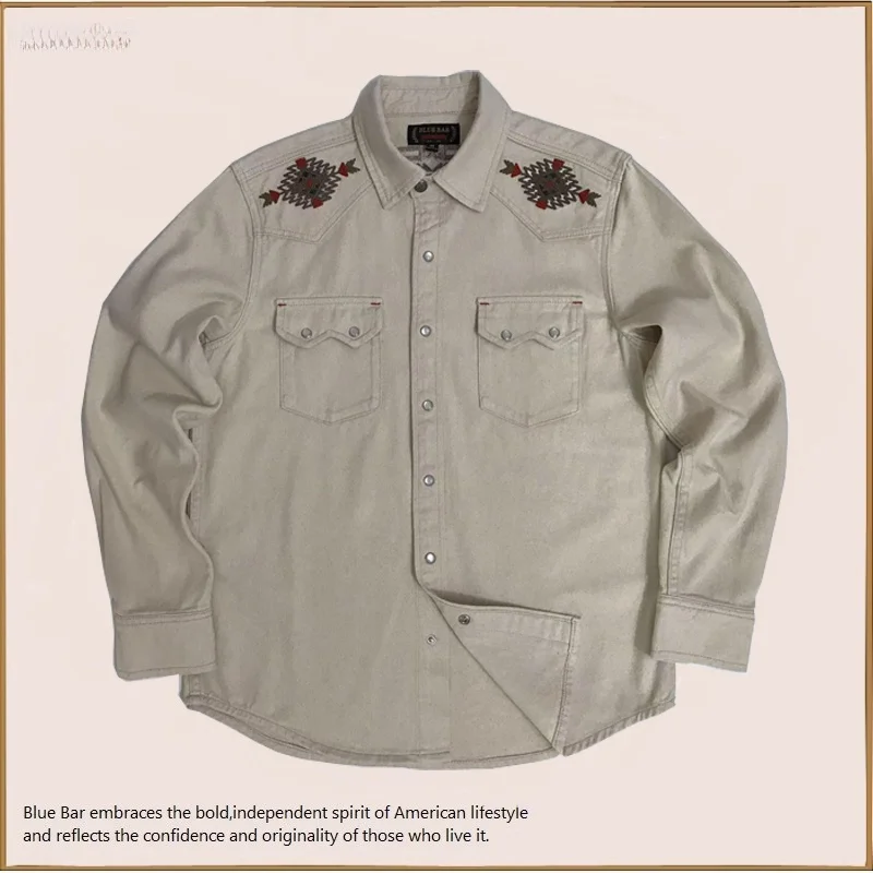 アメリカンスタイル ナバホ刺繍 コットンシードハル デニムシャツ RRL同等 スタンダードフィット 長袖 ボタンアップ メンズ＆レディース