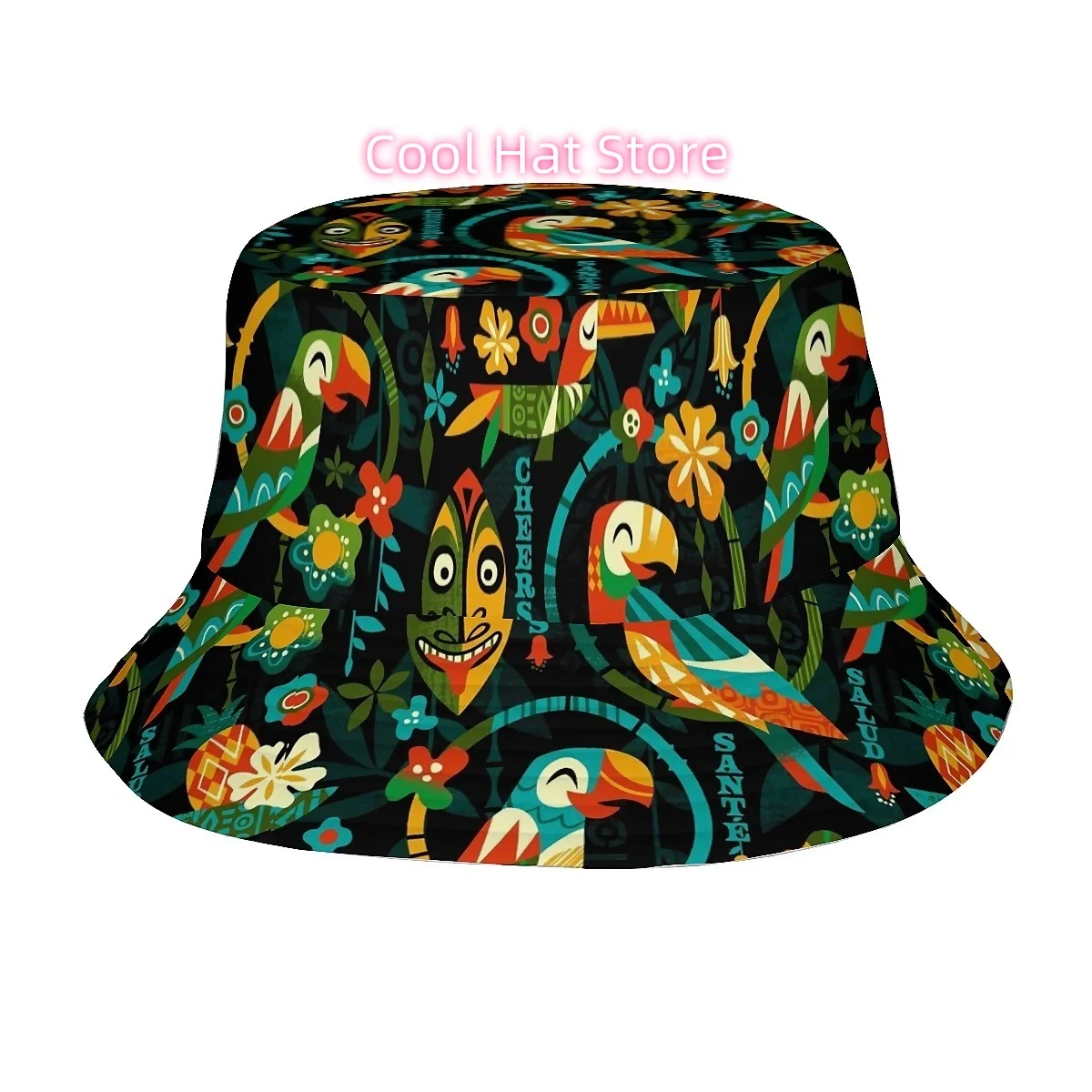 1pc Tiki Parrot Tropical Seamless Pattern Unisex Printed Fisherman Hat, Stylish Hat with Fun Personality, Outdoor Vacation Golf