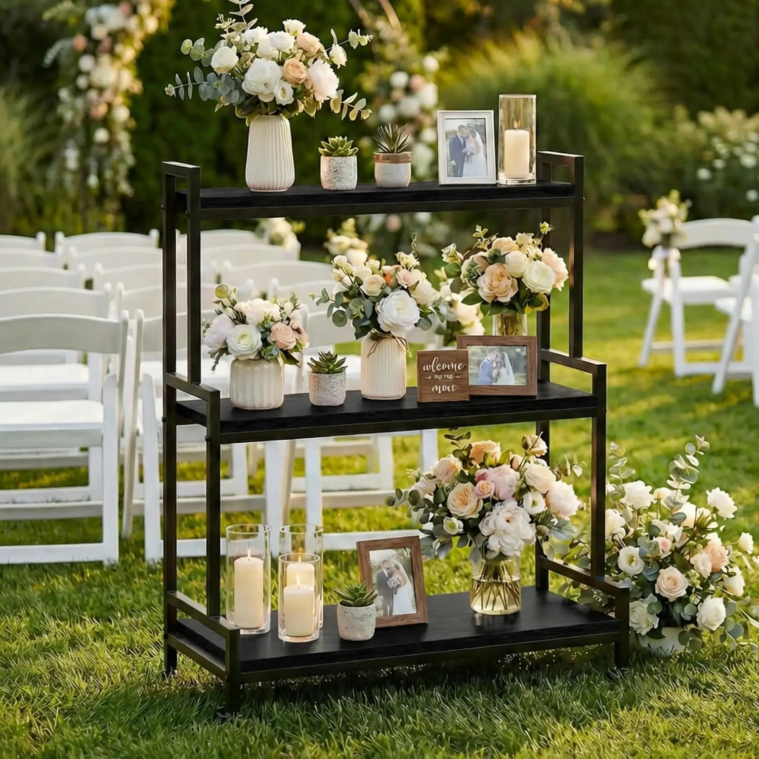 Rolling Ladder Style 3-Tier Plant Stand with Wheels Solid Wood Iron Frame Display Shelf Space Saving Multiple Flower Pot Rack for Home Balcony Patio, Black