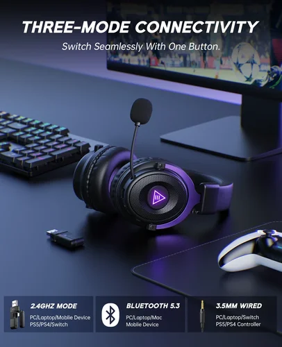 Imagen 2 del producto Oneodio EKSA E900 WT Auriculares Inalámbricos para Juegos 2.4G, Tri-Modo, Bluetooth, con Micrófono RGB para PC, PS4, PS5, 80 Horas de Duración