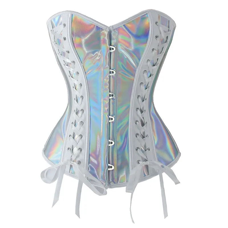 Corsetto in pelle PU argento Steampunk Top gotico con lacci Overbust Bustier Vita sottile Body Shapewear Donna Corsetto sexy Clubwear