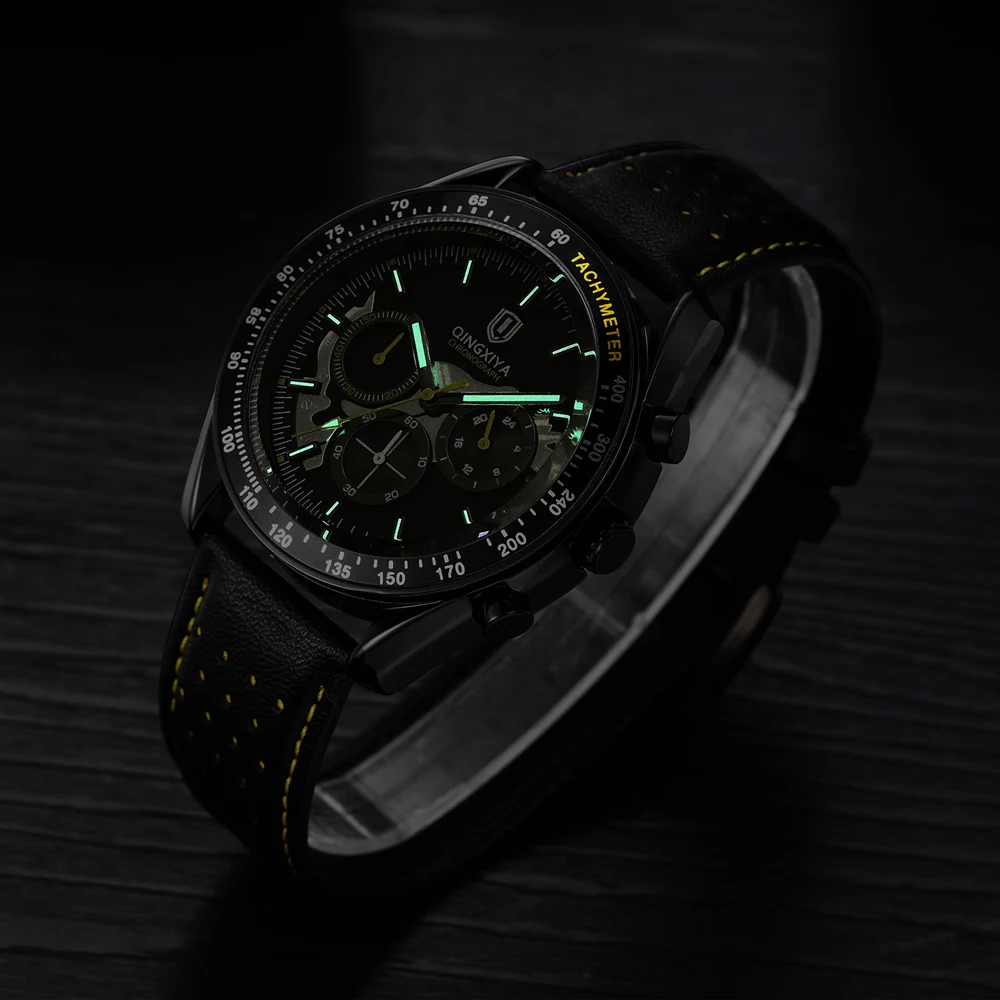 QINGXIYA новые мужские кварцевые часы лучший бренд класса люкс с хронографом спортивный кожаный ремешок водостойкий 24-часовой мужской часы