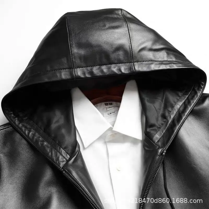 Roupas Maculinas Genuine Leather Jacket For Men Winter Sheepskin Hood Short Leather Coat Hombre Casual Slim Fitting Clothing