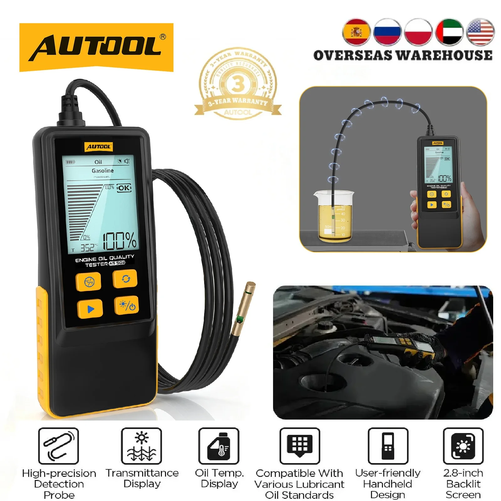 AUTOOL AS503 Motoröltester mit Digitalanzeige für Benzin- und Dieselmotoren von PKW zur Bestimmung der POA-Ölqualität und -temperatur ° C ° F Reparaturwerkzeug