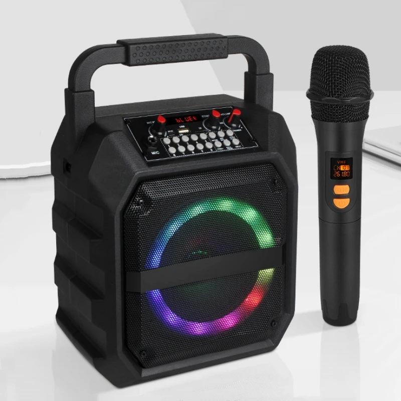Mesin Karaoke portabel dengan 2 mikrofon nirkabel lampu warna LED dan speaker Bluetooth genggam untuk sistem PA dewasa dan anak-anak