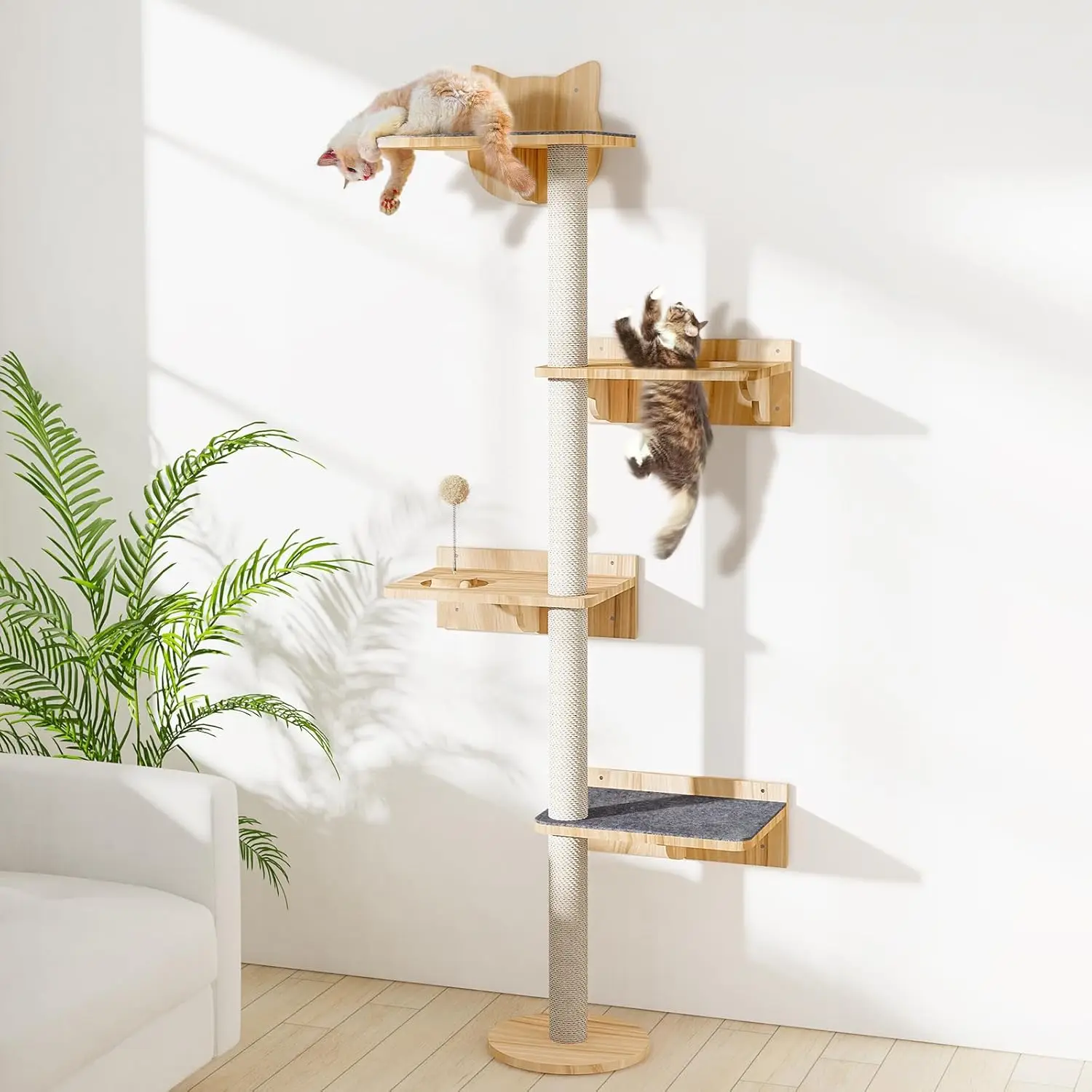 

Wall Mounted Cat Tree with 2pcs Non-Slip Carpet, 63" Tall Sisal Scratching Post and Cat Shelves Perch with Wood Track Toy Ball