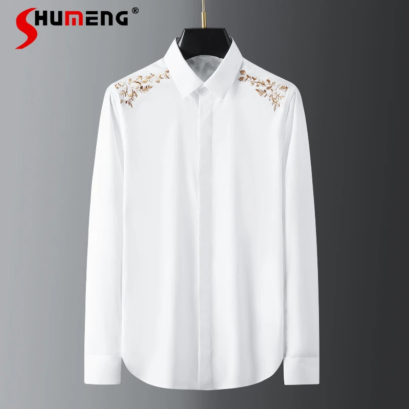 

Men's 2025 Autumn New Long Sleeve Trendy Shirts Fashion Exquisite Floral Embroidery Tops Male Stylish Breathable Handsome Shirts
