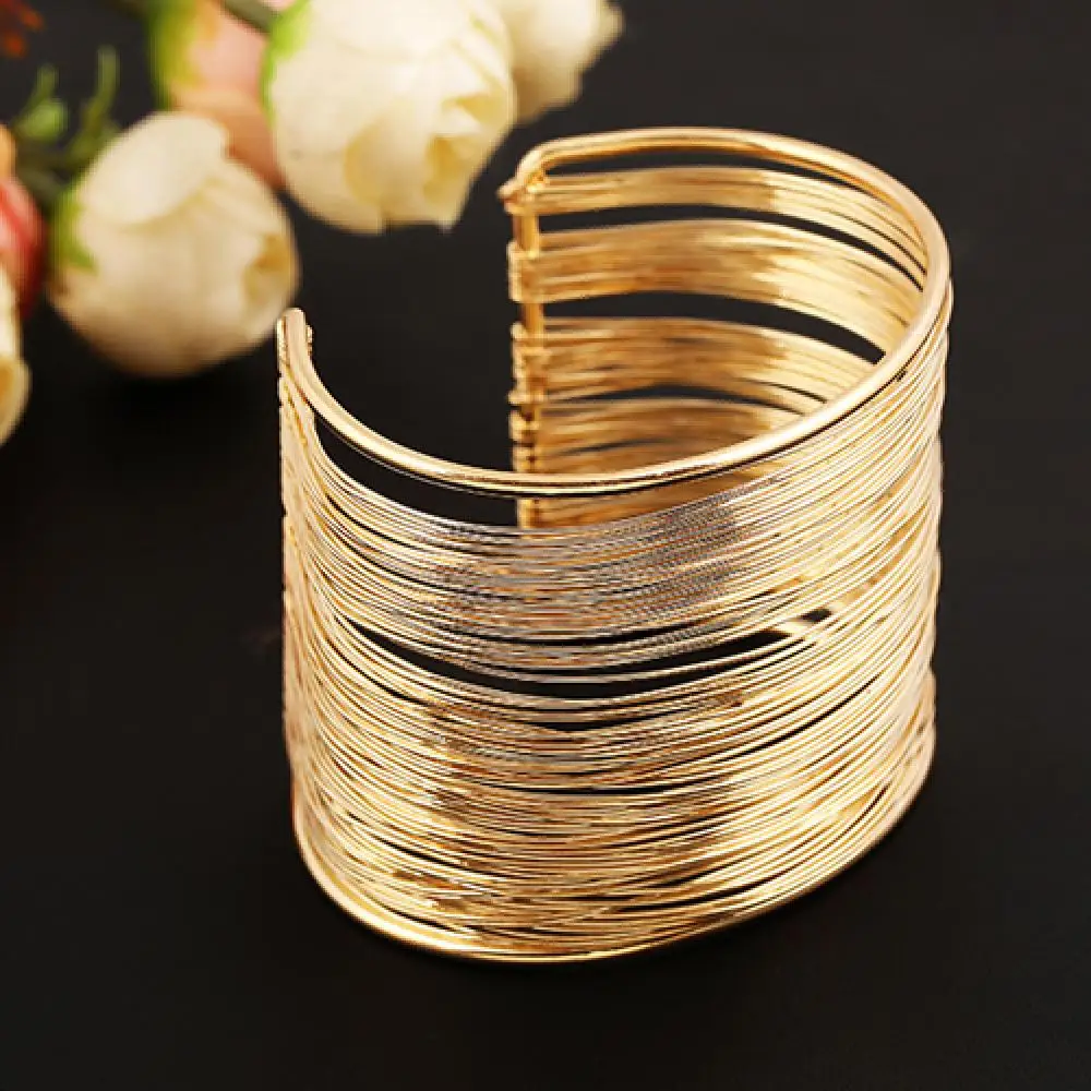 Pulsera multicapa de alambre de Metal para mujer, brazalete abierto, brazalete ancho, pulseras de boda para niña, brazaletes de lujo, joyería de