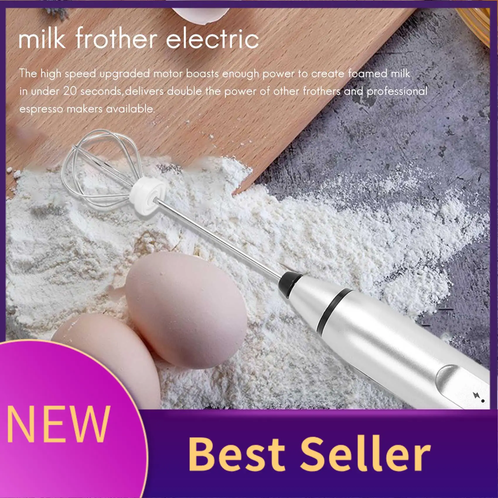 

B46C Перезаряжаемый электрический вспениватель молока с 2 венчиками, ручной пеногенератор для кофе, латте, капучино, горячего шоколада, прочный