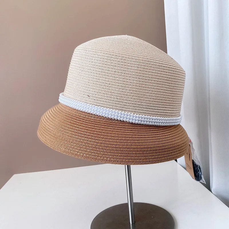 Hepburn wind color pearl fisherman hat fashion straw woven lampshade hat temperament elegant basin hat tide