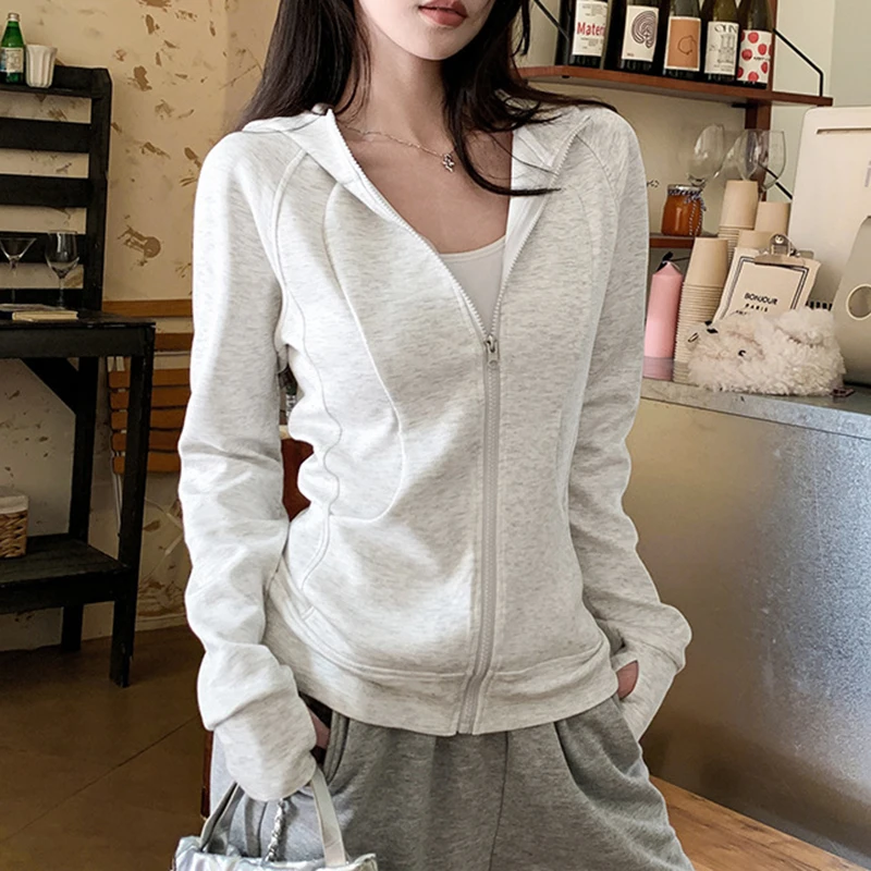 

Casual Solid Zipped Hooded Sweatshirts Women Korean Style Slim Fit Sports Hoodie with Pocket Woman Spring Long Sleeve Outerwear