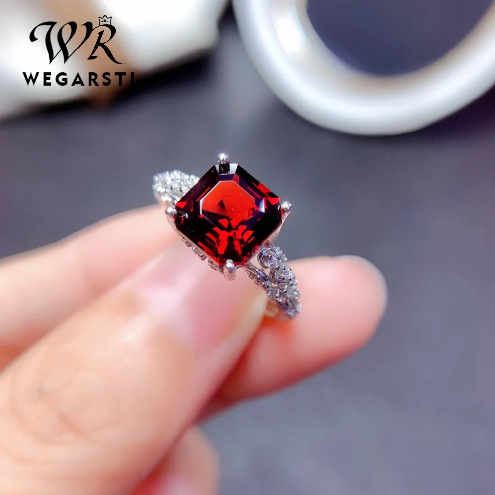 WEGARSTI New Imitation Natural Moissanite Princess Square Garnet Red Sapphire Opening Engagement Ring For Women Silver Jewelry