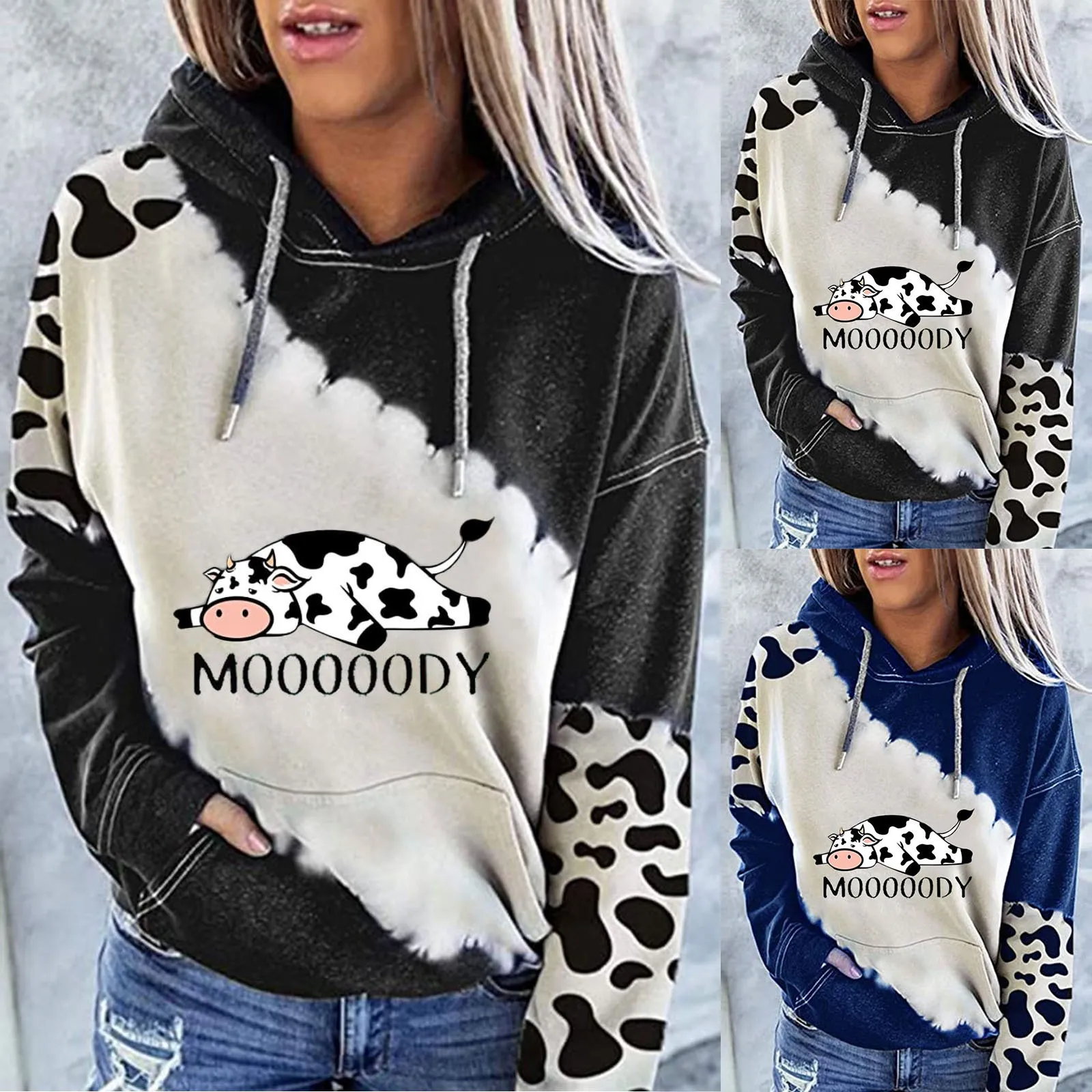 Women\'s Cute Cow Print Sweatshirt Long Sleeve Round Neck Casual Tops Shirts