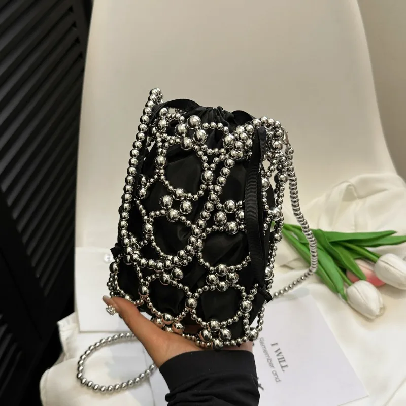 White Beading Bucket Shoulder and Crossbody Bags Exquisite Sense of Luxury Fresh Party Handbags for Women 2024 Fashion on Sale