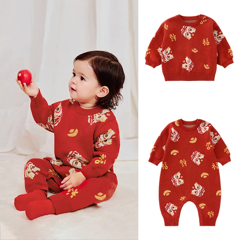 0-1Y الوليد الفتيات حللا النمط الصيني الكرتون الجاكار الأحمر متماسكة طفل الفتيان السروال القصير جديد الشتاء الاطفال الصبي داخلية وزرة #1