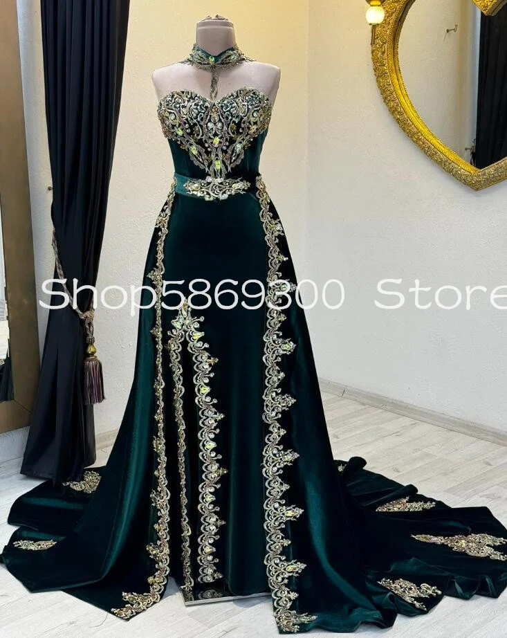 Customized  Vevlet Caftan Morocco Prom Dresses with Veil Wrap Crystal Applique Mermaid Long Evening Gown Henna Caftan marocain