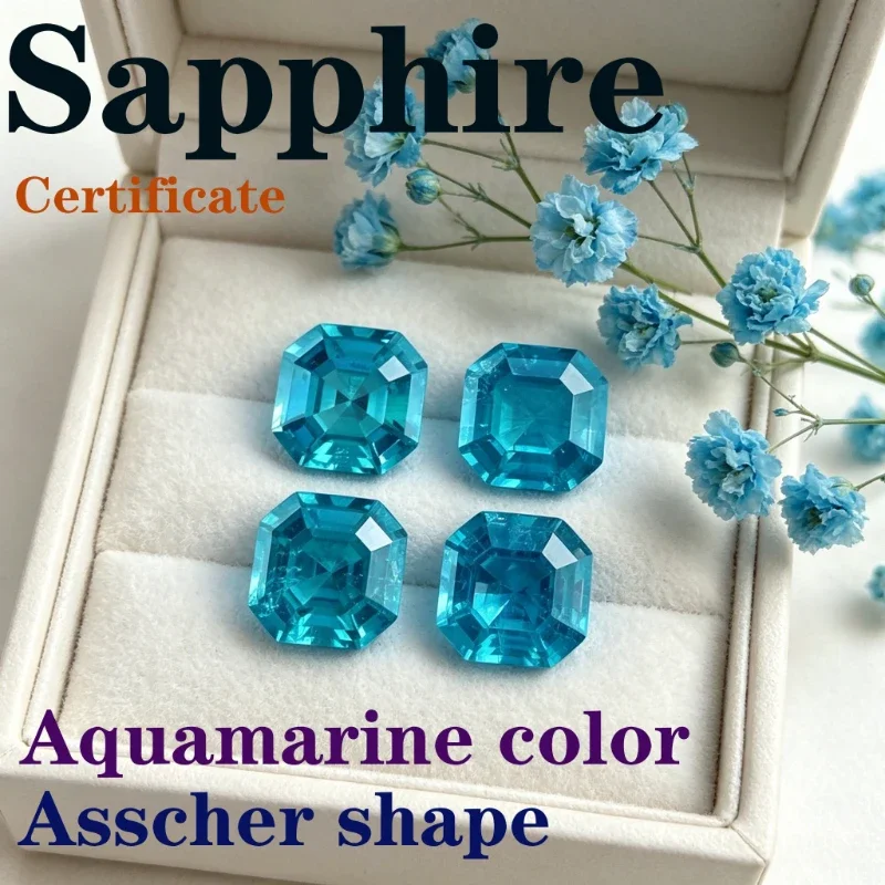 Laborgezüchteter Saphir in Asscher-Schliff mit Aquamarin-Farbe und Zertifikat – Detail 1