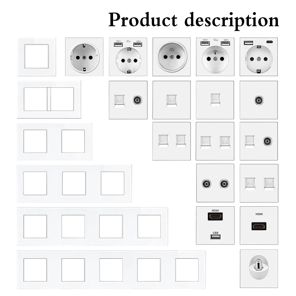 EU White Crystal Tempered Glass Panel Touch Light Switch German-French Wall Socket with Usb Switch RJ45 Module Combination DIY