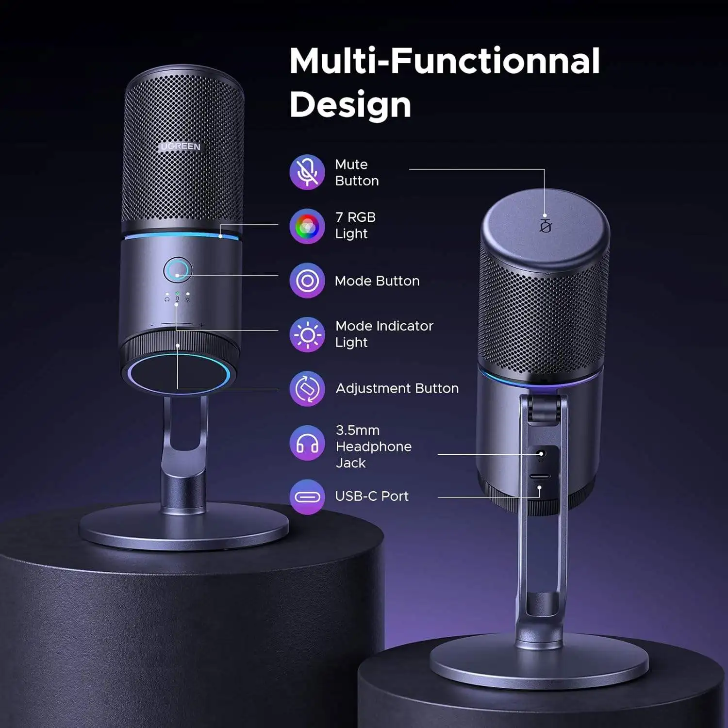 UGREEN Microphone for PC, USB Mic with RGB Lights,Mute Button,24bit/96kHz,Cardioid Polar Pattern,Volume Control Wired Microphone