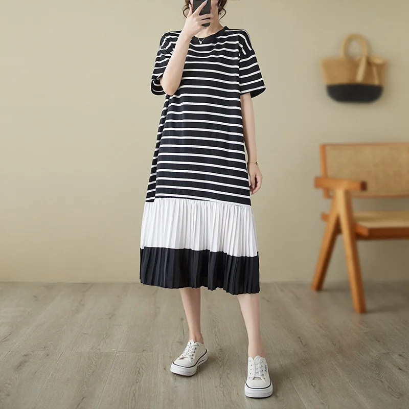 #6643 Black And White Striped T Shirt Dress Women Loose Split Joint Pleated A-line Dress Short Sleeve Summer Tshirt Dress Female