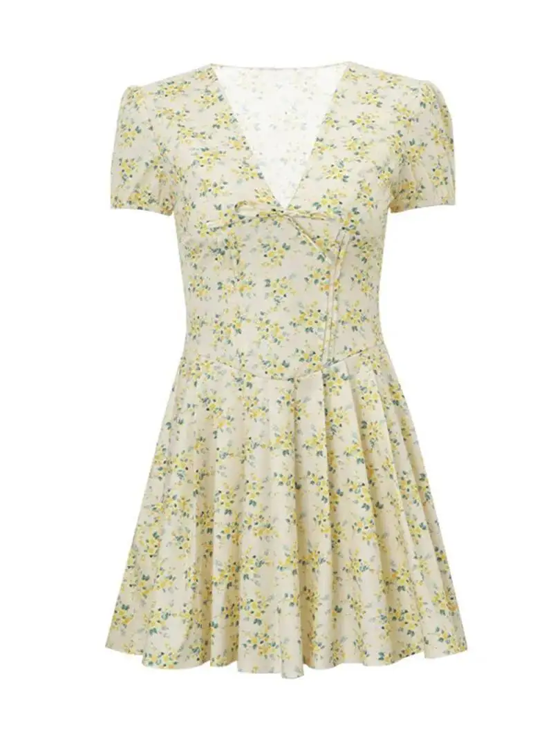 프린트 V넥 퍼프 소매 미니 드레스 플로럴 프린트 하이웨이스트 리본 장식 드레스 패션 여성 미니 드레스 V넥 탑