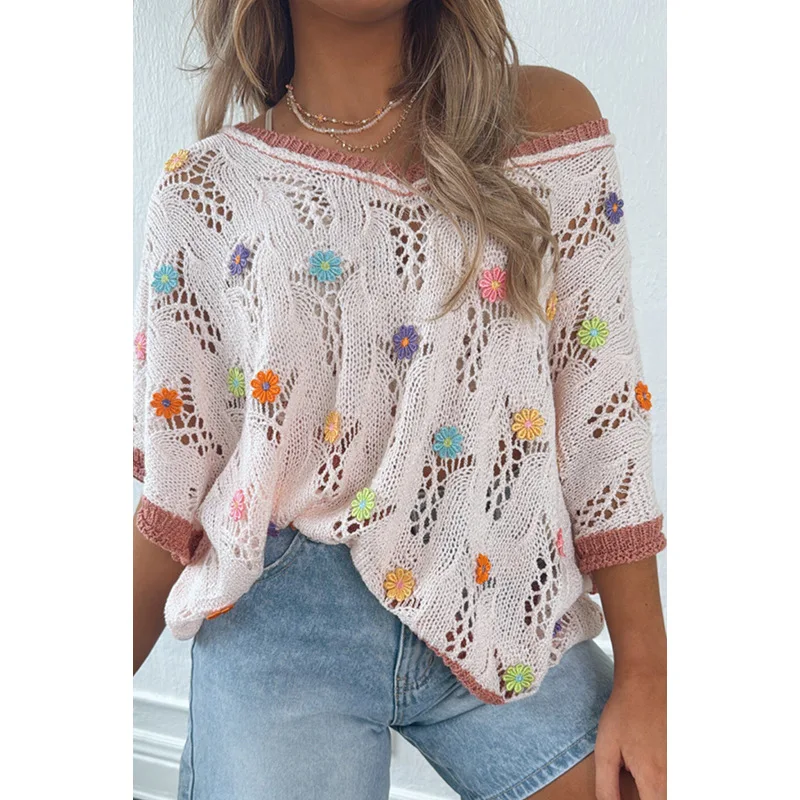 سترة نسائية برقبة على شكل حرف V موضة الربيع ثلاثية الأبعاد على شكل زهرة نصف كم بلوفر مجوف اللون متطابق مع النمط الأوروبي الأمريكي