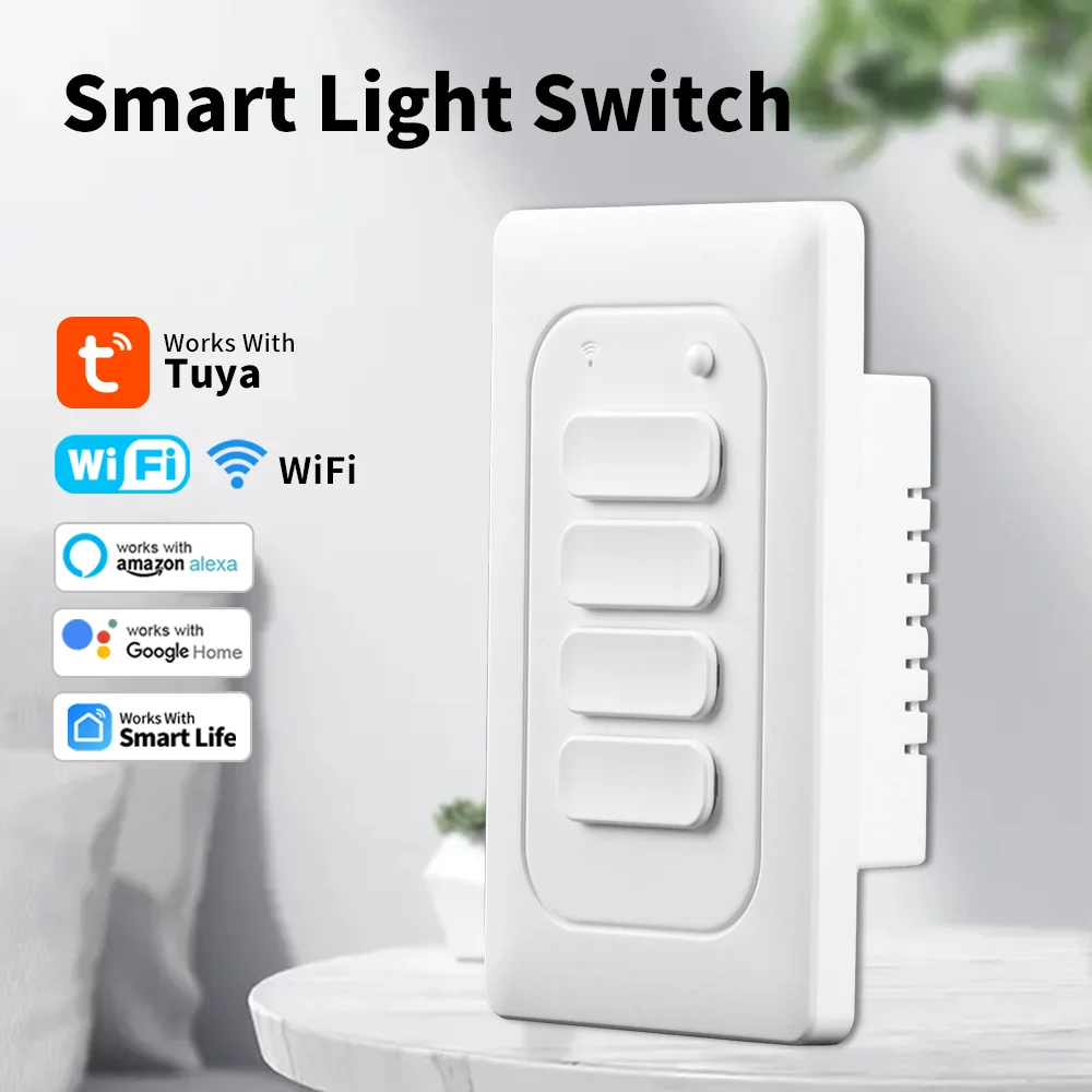 Tuya WiFi Smart Switch 1/2/3/4 Gang Physical Wall light Push Button Switches Work With Alexa Google Home Voice Control 110v-240v