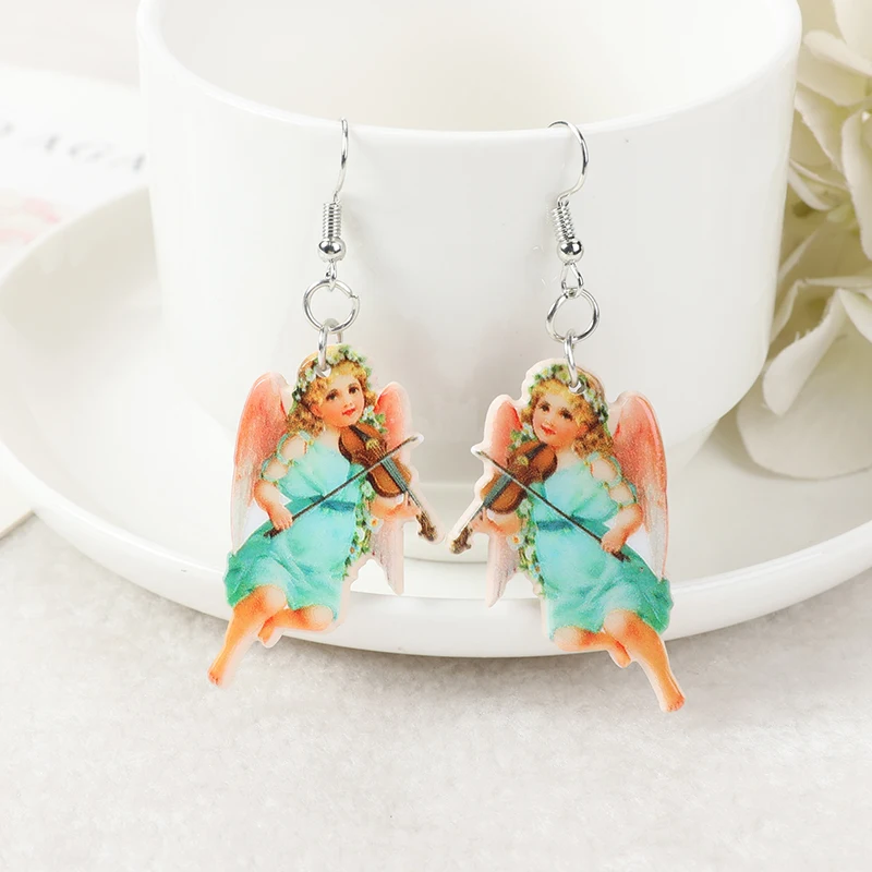 1Pair Vintage Valentine Drop Earrings Creative Acrylic Cupid Angel Wings For Woman Birthday Gift