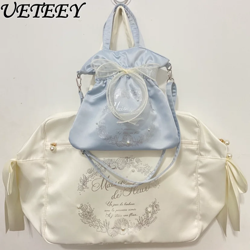 Japanese Style Tote Bag Women Summer New Ocean Cute Shell Pearl Travel Bags Satin Lightweight Cloth Bags Handheld Shoulder Bag