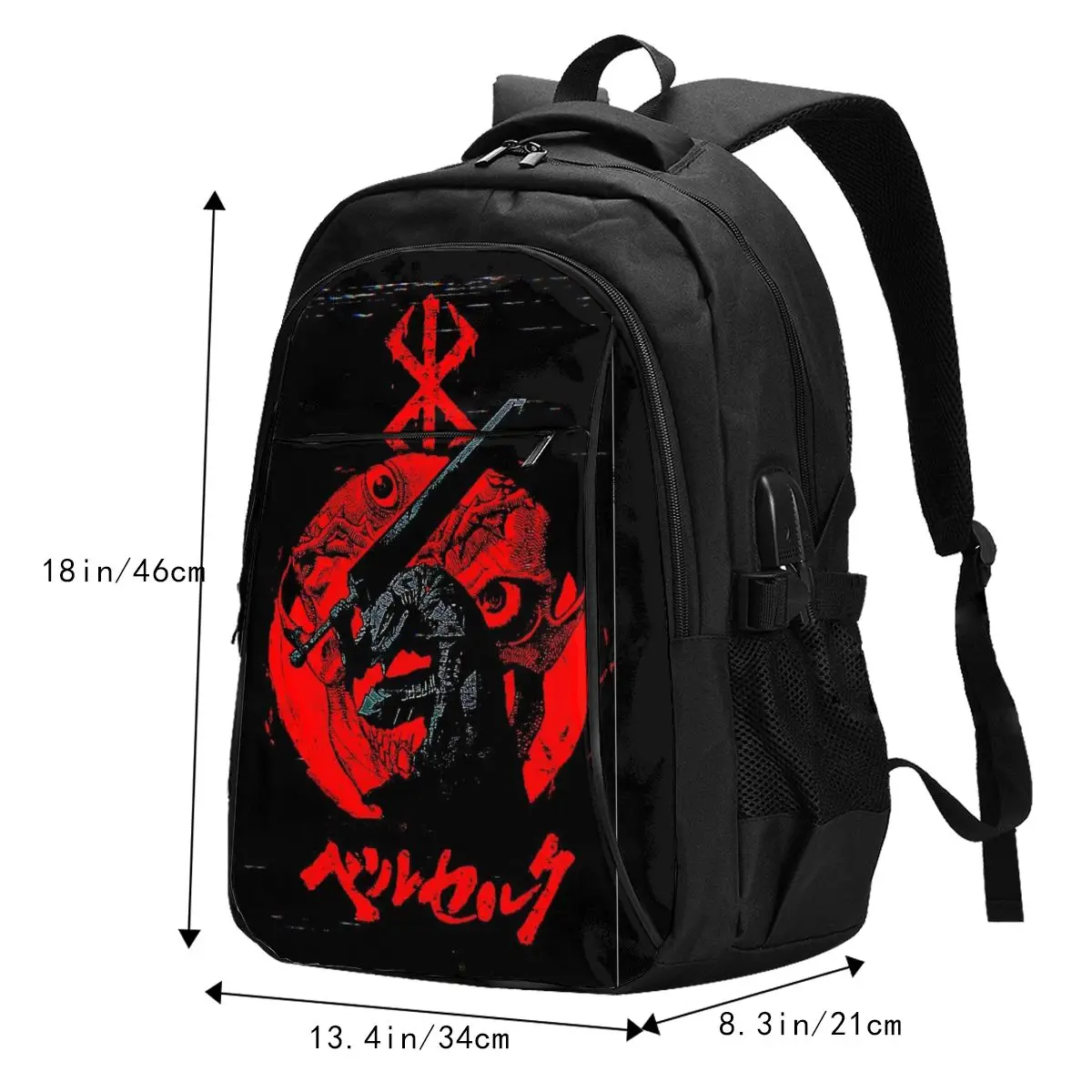 Mochila de viaje para ordenador portátil, morral resistente al agua con puerto de carga USB, bolsa universitaria para hombre y mujer, Anime Berserk