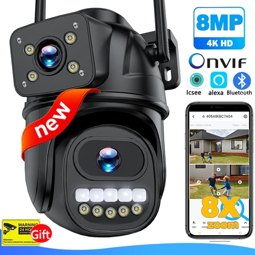 Cámara WiFi 4K 8MP Exterior 360 ° Ver pantalla dual CCTV 4X Zoom protección de seguridad cámara de vigilancia ICsee Alexa Video Cam Onvif