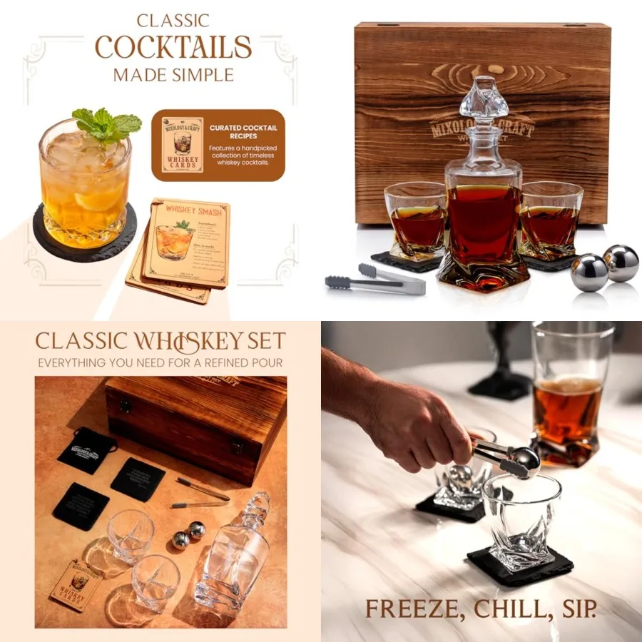 

Crystal Whiskey Decanter Set 24oz With Glasses Chilling Stones Features Stainless Steel Whiskey Balls, Slate Coasters, Metal To