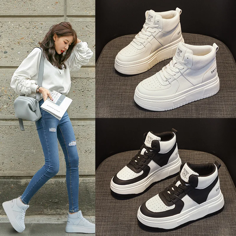 

Casual High-Top Fleece Lined Women's Sneakers Increased Height Indoor Shoes Comfortable Breathable Air Permeable All-Seasons