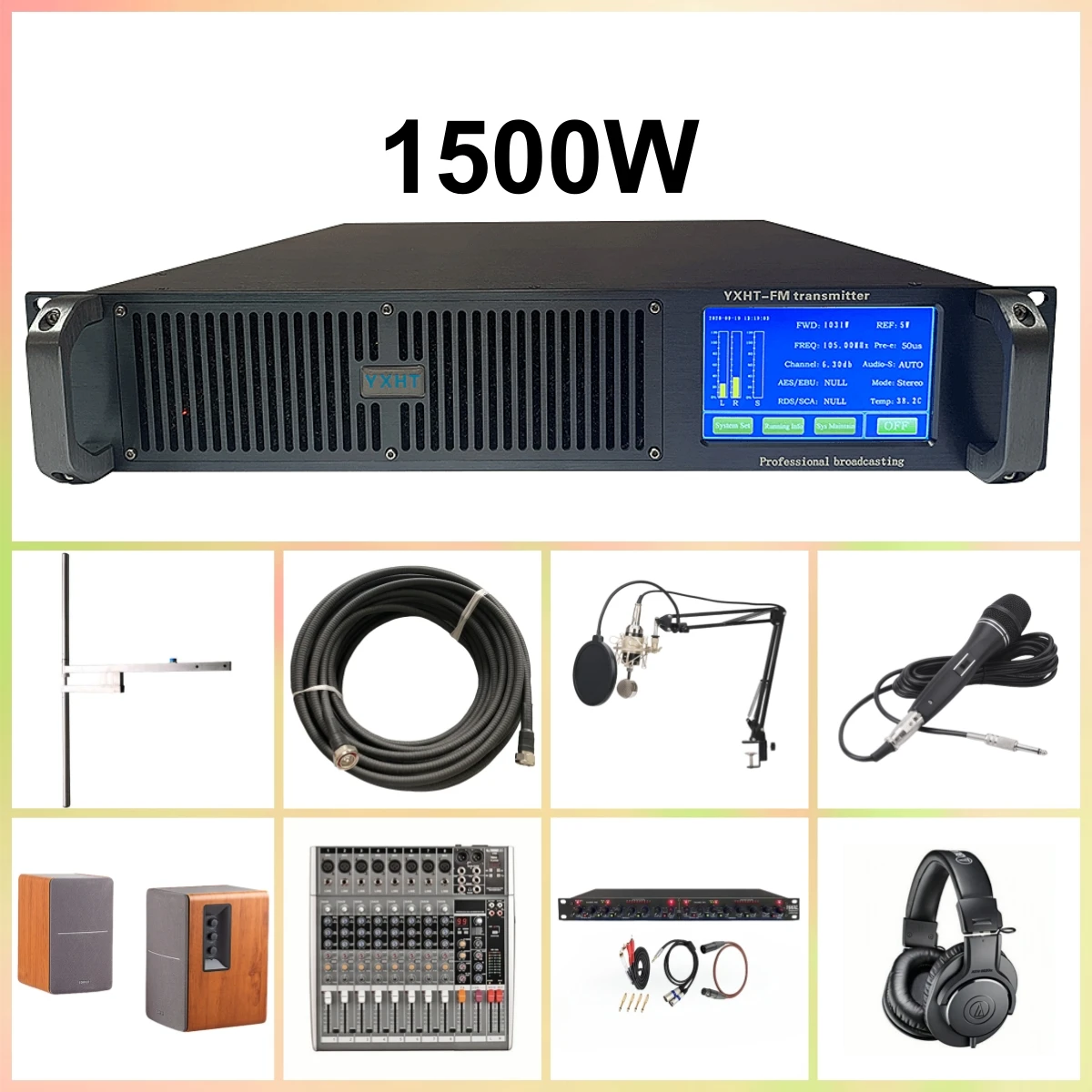 

YXHT-2-8CH 1.5KW (1500W) Complete Radio Station Package – FM Transmitter, Antenna, Cable & 7 Studio Devices Included