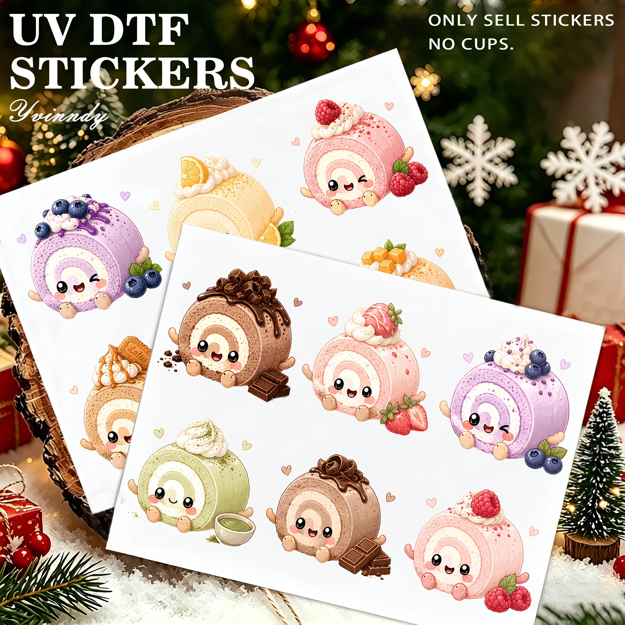 12PCS/Set Of Cute Swiss Roll Made With Waterproof Durable High-quality UV DTF Transfer Stickers, DIY Christmas Gift(NO Cup)