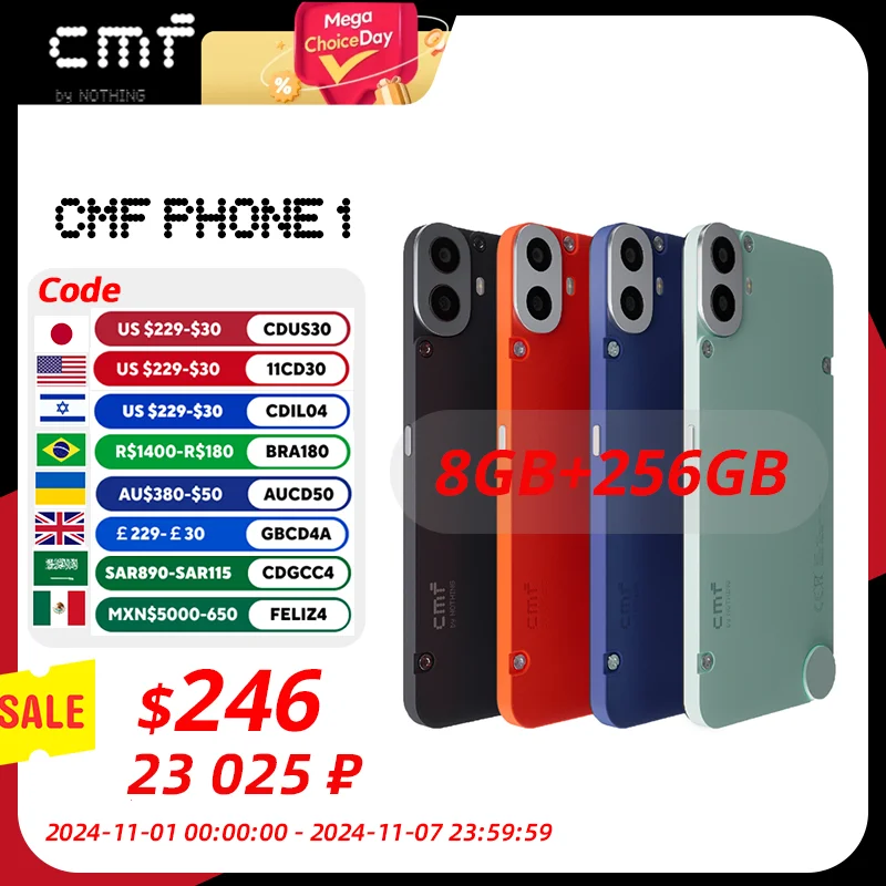 

Global Version CMF Phone 1 6.67” AMOLED display 120Hz Mediatek Dimensity 7300 5G 50MP 5,000 mAh IP52 33W fast charging Phone1