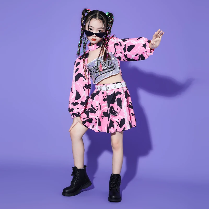 Kinder Tiener Hiphop Kleding Roze Print Lovertjes Rug Rits Crop Top Mini Rok Voor Meisje Jazz Dans Kostuum Rave Kleding Set