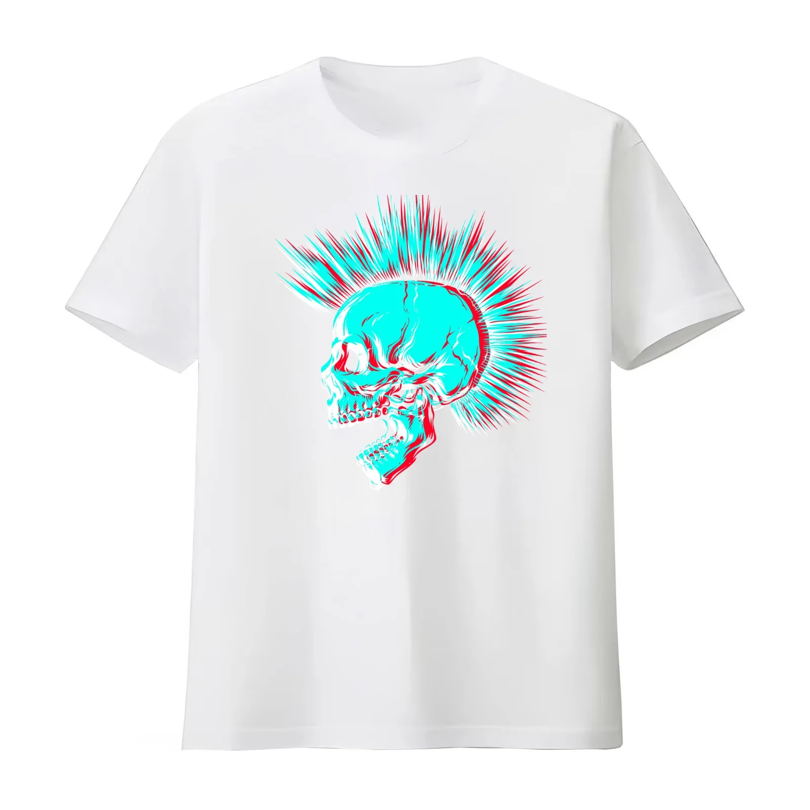 Glitch Punk Skull with Mohawk T-Shirt Summer Casual Cotton Tee Oversized Streetwear Tops Vintage Graphic Print 100% Cotton