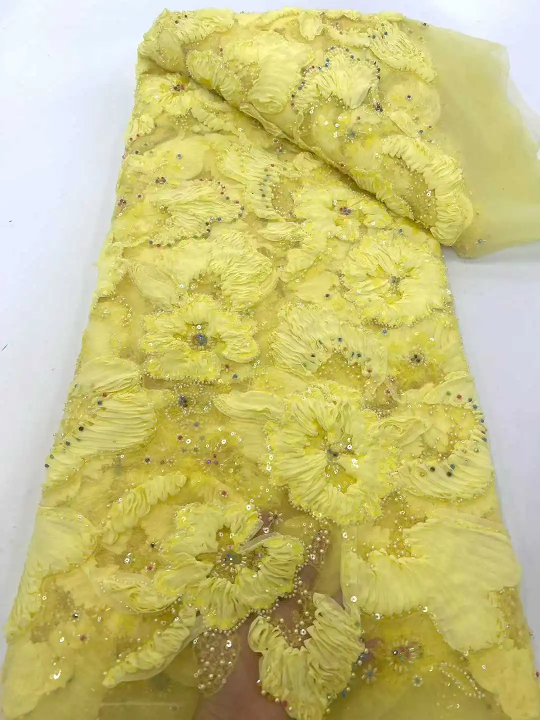 

Latest French 3D Beaded Tulle Lace Fabric Luxury 2026 High Quality African Groom Lace Fabrics Sequins Nigerian For Wedding