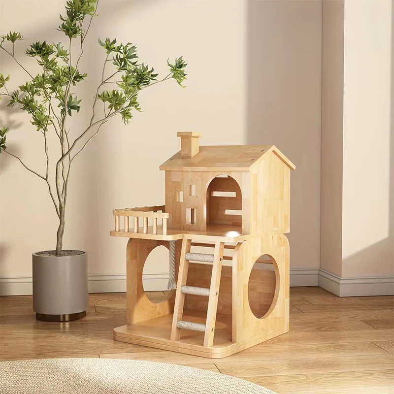 Solid wood cat climbing frame nest dodging house wooden cat tree integrated does not take up space grinding claw column