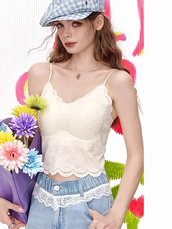 Lace Splice  Knot Women's Summer New Sle Vest with Chest Pad Sweet Match All Svel Tank Top Casual Daily Wear