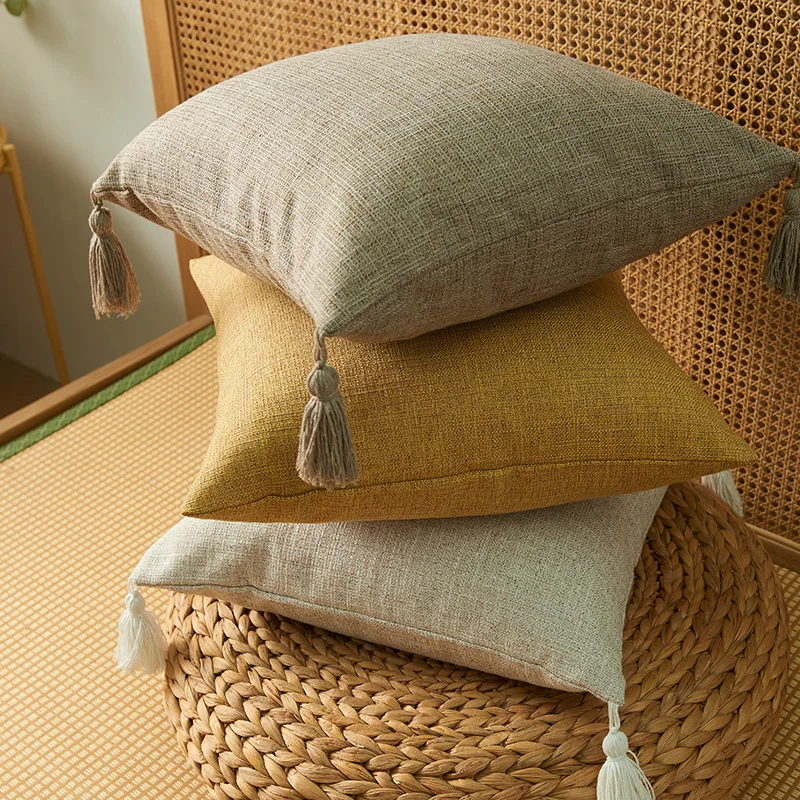 Solid Color Cotton and Linen Tassel Pillowcase Household Literary Style Pillow Cover Sofa Cushion Cover Simple Pillow Case
