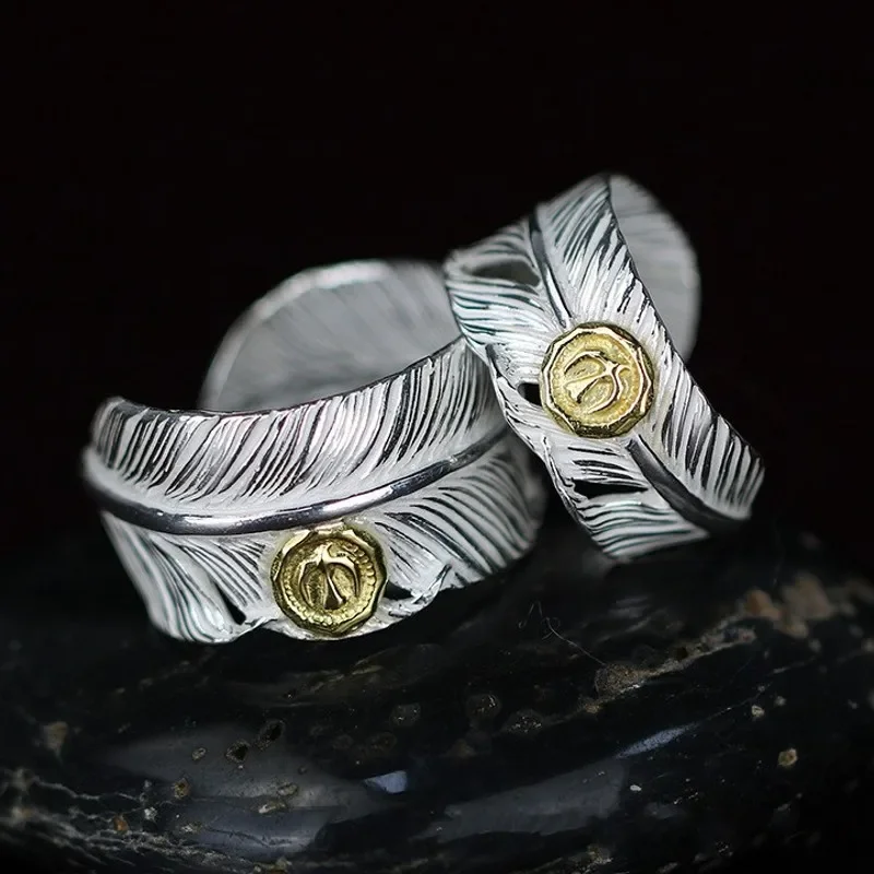 Real S925 Silver Jewelry Accessories Fashionable New Gold Point Feather Man and Woman Rings Beautiful Birthday Gifts