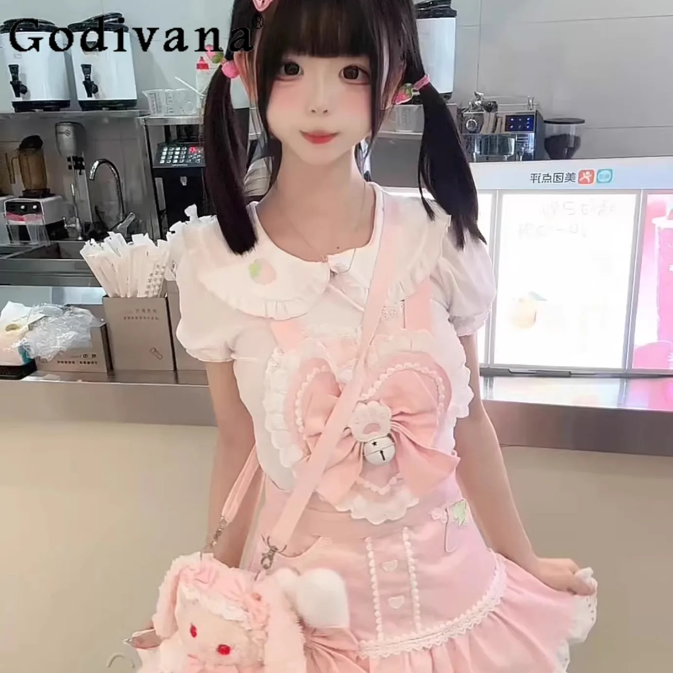 

Soft Girl Sweet Kawaii Strap Skirt + Short-sleeved Shirt Two-piece Set Loli Lo Sweetheart Collar Cute Bow Dress Daughter Clothes