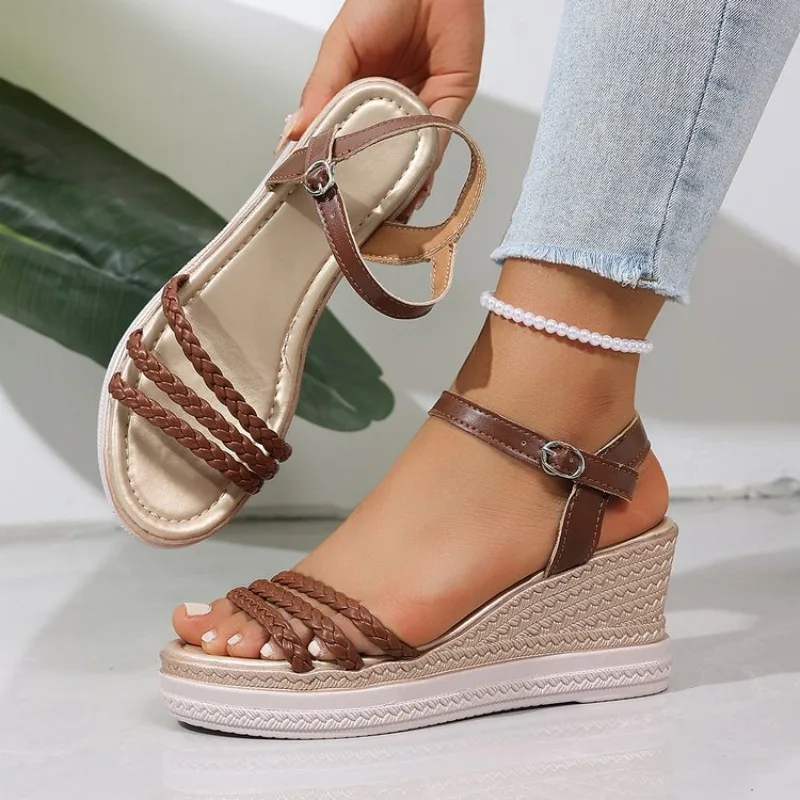 

Women Fashion Sandals Wedge High Heels Platform Open Toe Brown Braided PU Leather Ankle Buckle Casual Summer Bohemian 2026 Shoes