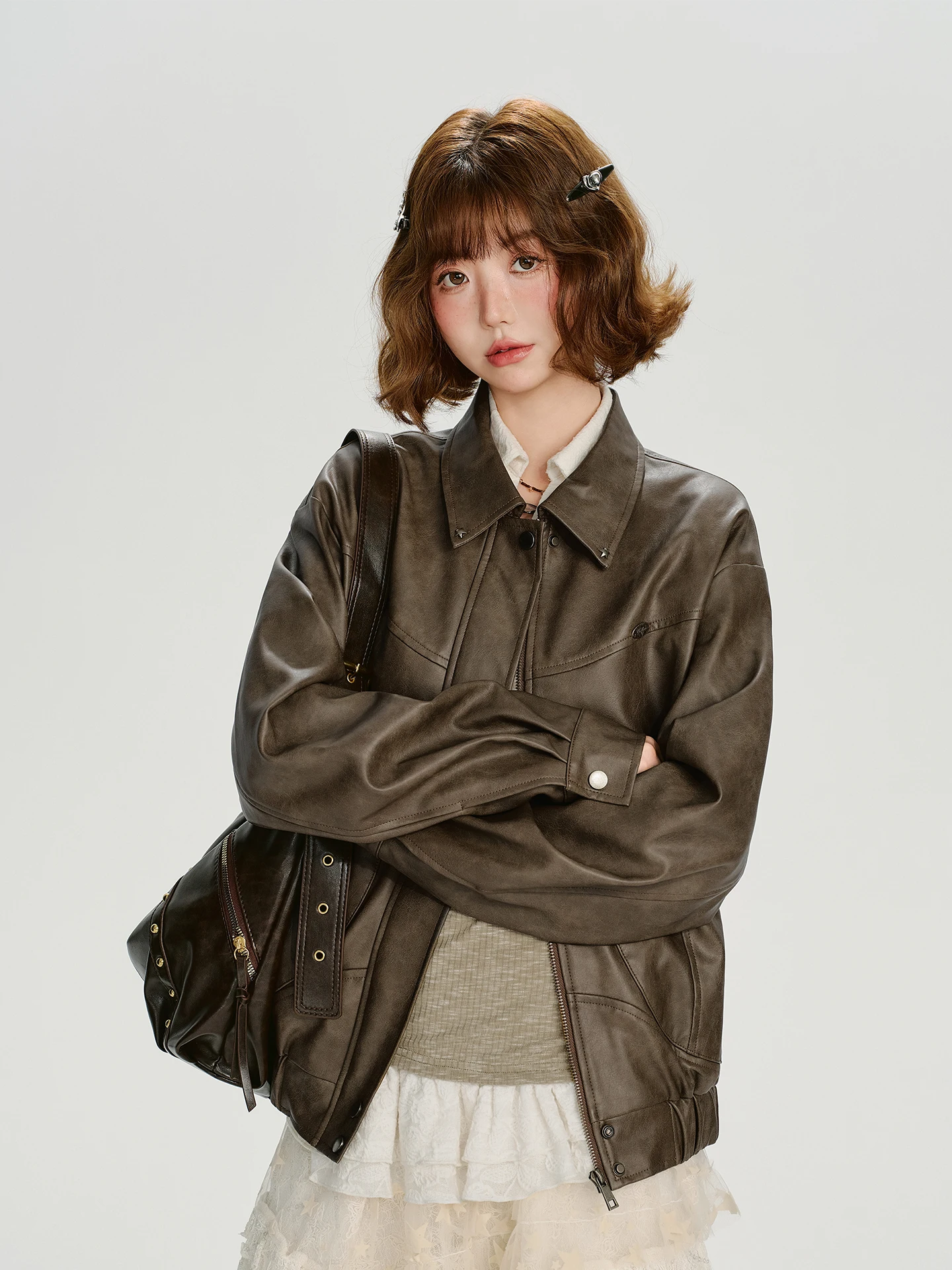 Manteau long en cuir pour femme, style rétro américain, décontracté, fermeture éclair, printemps automne