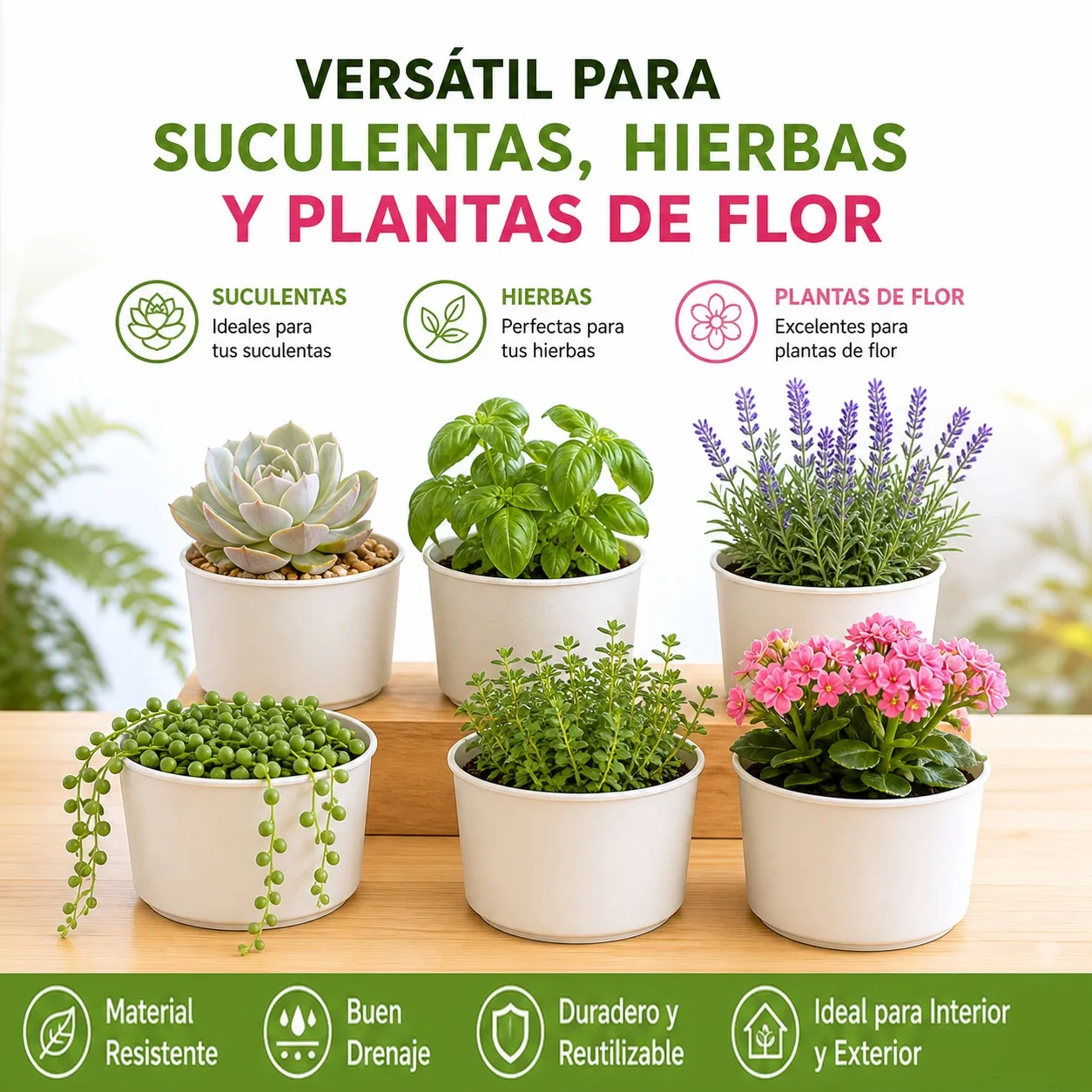 Pot de fleurs rond en plastique PP blanc, durable et léger, idéal pour les succulentes et les plantes d'intérieur